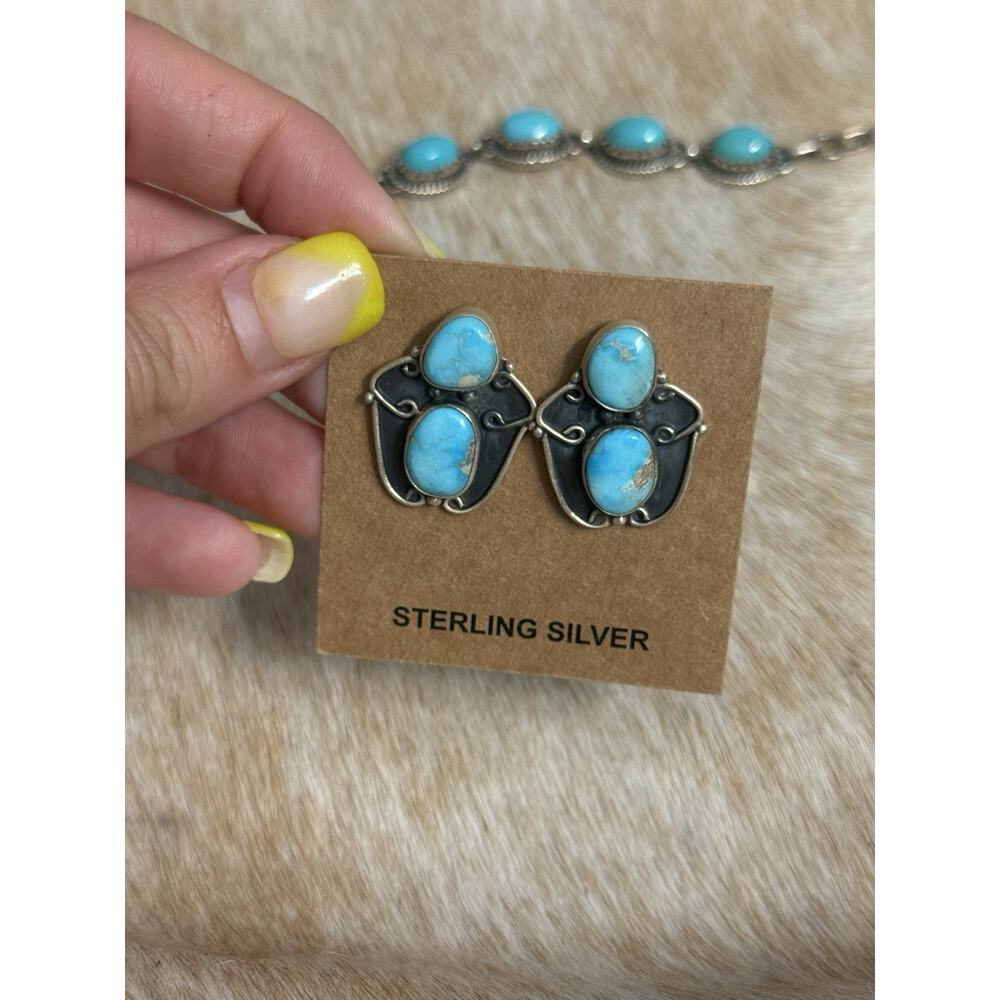 Native American SW Sterling Silver Blue Ridge Turquoise Double Stone Earrings